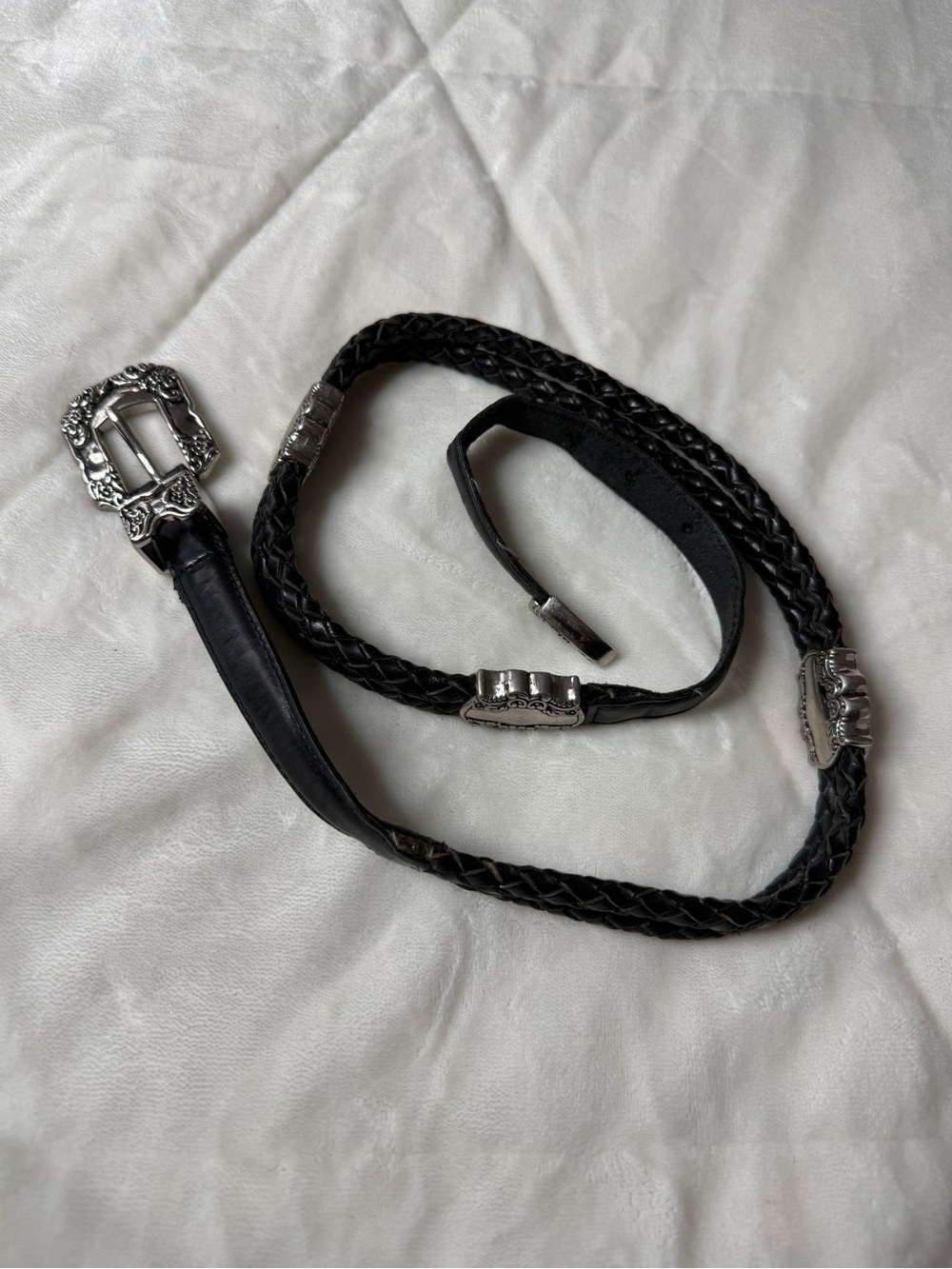 VTG Black Braided Leather Belt Silver Buckle
